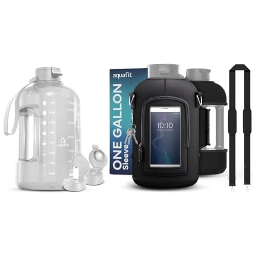 128 oz Sports Water Bottle with Time Markers, 2 Lids, Neoprene Sleeve and Storage Pockets