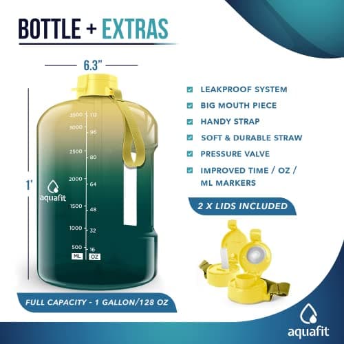 AQUAFIT 2 Pack - 1 Gallon Water Bottle With Time Marker and Neoprene Sleeve
