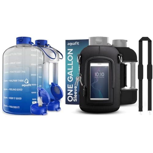 Gym Water Bottle with Time Markers, 2 Lids, Carry Strap and Neoprene Sleeve