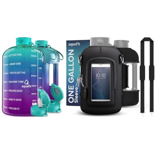 128 oz Sports & Gym Water Bottle with Time Markers, 2 Lids, Carry Strap, Neoprene Sleeve