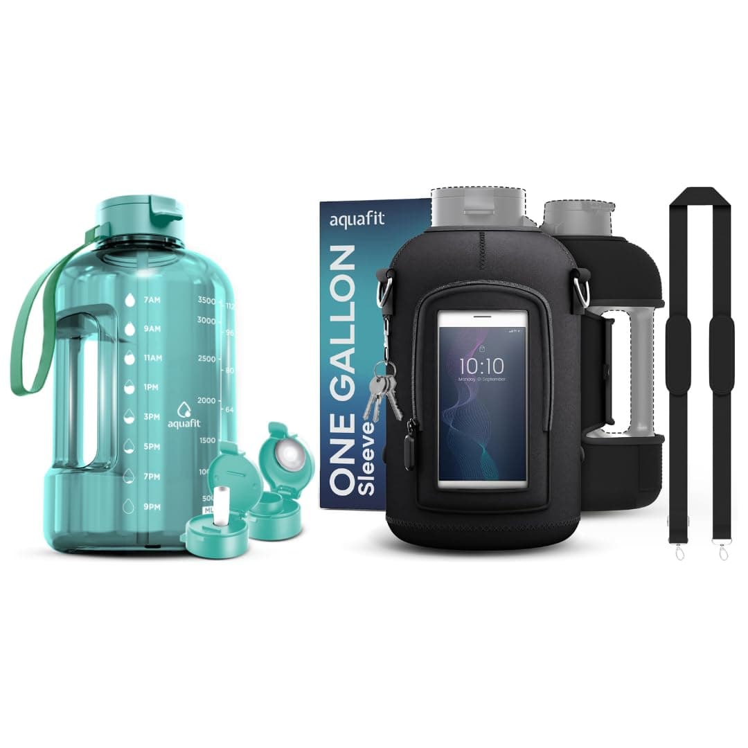 128oz Sports Water Bottle with Time Markers, 2 Lids, Neoprene Sleeve