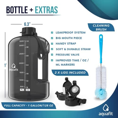 128 oz Sports & Gym Water Bottle with Time Markers, 2 Lids, Carry Strap, Neoprene Sleeve