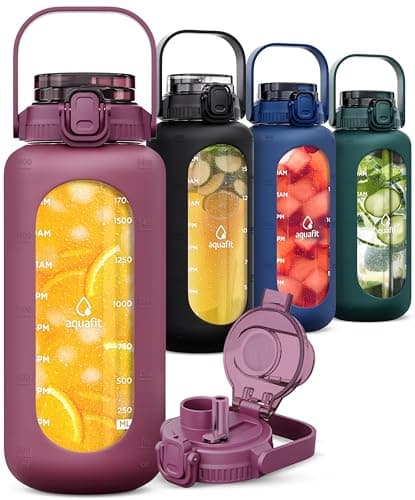 64 Oz Glass Water Bottle with Time Marker - Straw and Chug Lid - Half Gallon Bottle with Sleeve and Handle, Leakproof (Midnight Black) — Rose