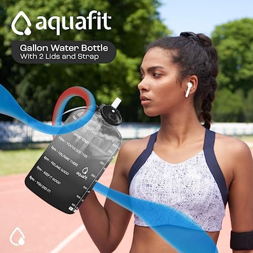 AQUAFIT 1 Gallon Water Bottle with Time Marker and 2 Lids - BPA Free Gym Water Jug