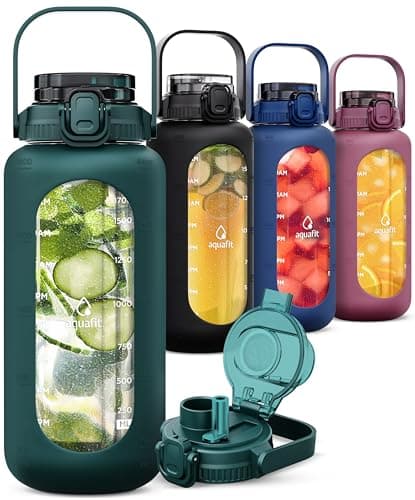 64 Oz Glass Water Bottle with Time Marker - Straw and Chug Lid - Half Gallon Bottle with Sleeve and Handle, Leakproof (Midnight Black) — Green