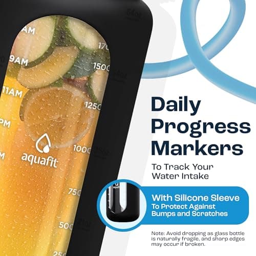 64 Oz Glass Water Bottle with Time Marker - Straw and Chug Lid - Half Gallon Bottle with Sleeve and Handle, Leakproof (Midnight Black)