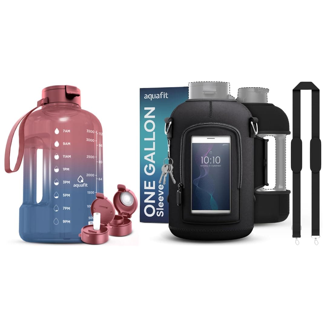 128 oz Sports Water Bottle with Time Markers, 2 Lids and Neoprene Sleeve