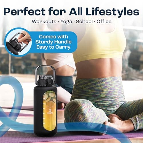 64 Oz Glass Water Bottle with Time Marker - Straw and Chug Lid - Half Gallon Bottle with Sleeve and Handle, Leakproof (Midnight Black)