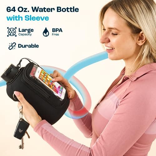 AQUAFIT 64 oz Water Bottle with Time Marker and Carrying Sleeve - BPA Free Gym Bottle