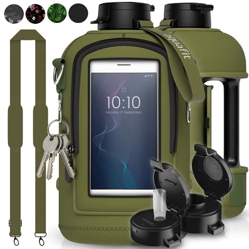 64 oz Water Bottle with Time Marker and Carrying Sleeve - BPA Free Gym Bottle for Exercise (Olive)