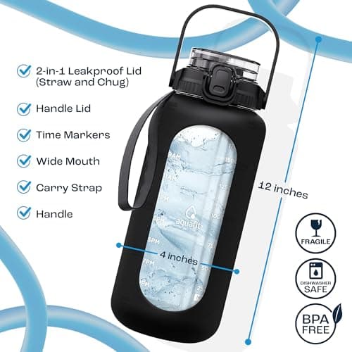 64 Oz Glass Water Bottle with Time Marker - Straw and Chug Lid - Half Gallon Bottle with Sleeve and Handle, Leakproof (Midnight Black)
