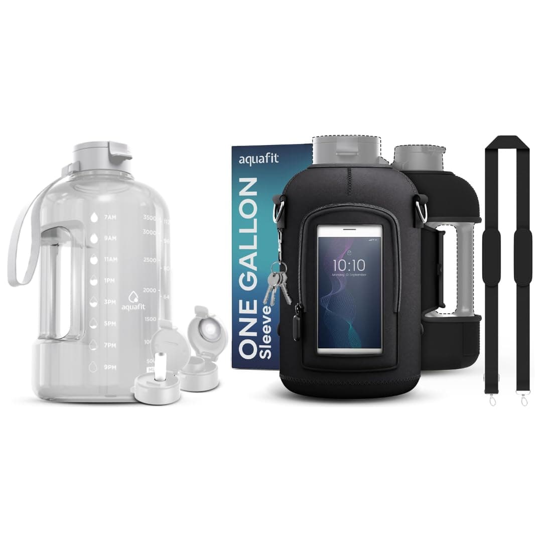 128 oz Sports Water Bottle with Time Markers, 2 Lids, Neoprene Sleeve and Storage Pockets