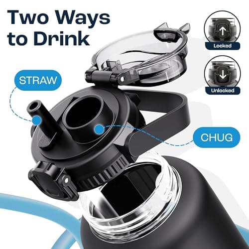 64 Oz Glass Water Bottle with Time Marker - Straw and Chug Lid - Half Gallon Bottle with Sleeve and Handle, Leakproof (Midnight Black)