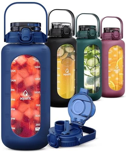 64 Oz Glass Water Bottle with Time Marker - Straw and Chug Lid - Half Gallon Bottle with Sleeve and Handle, Leakproof (Midnight Black) — Blue