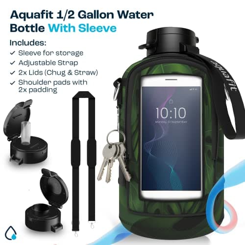 AQUAFIT 64 oz Water Bottle with Time Marker and Carrying Sleeve - BPA Free Gym Bottle