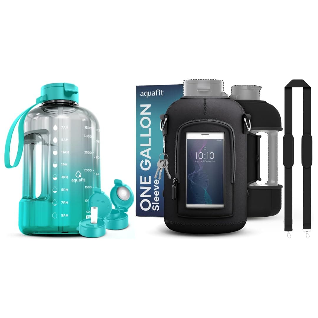 1 Gallon Water Bottle with Time Marker and Adjustable Neoprene Sleeve - 2 Pack