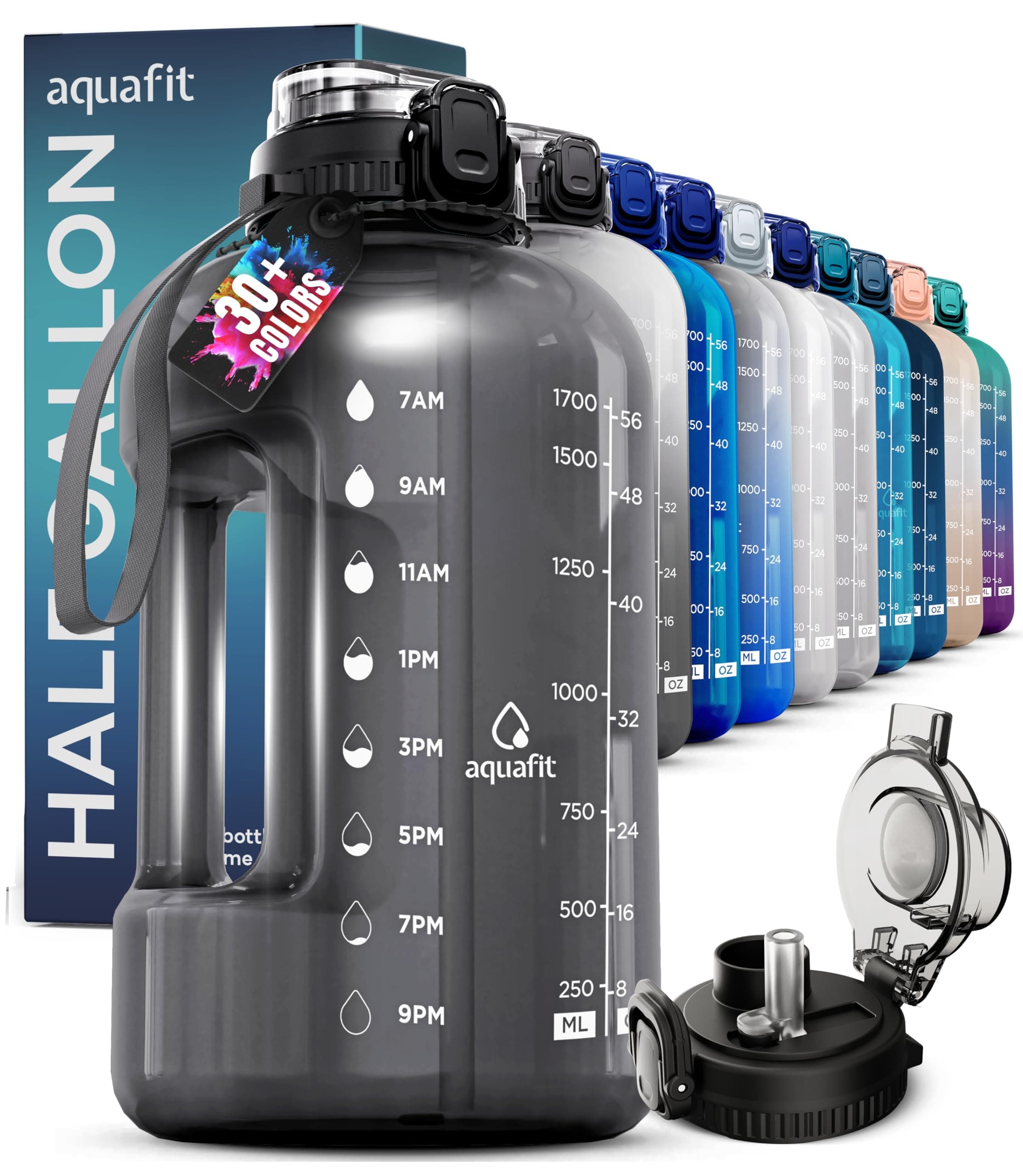 64 oz Gray Water Bottle with Time Marker - BPA Free Big Bottle with Straw - Gym Bottle with Handle - Gallon Water Jug (64 Ounces)