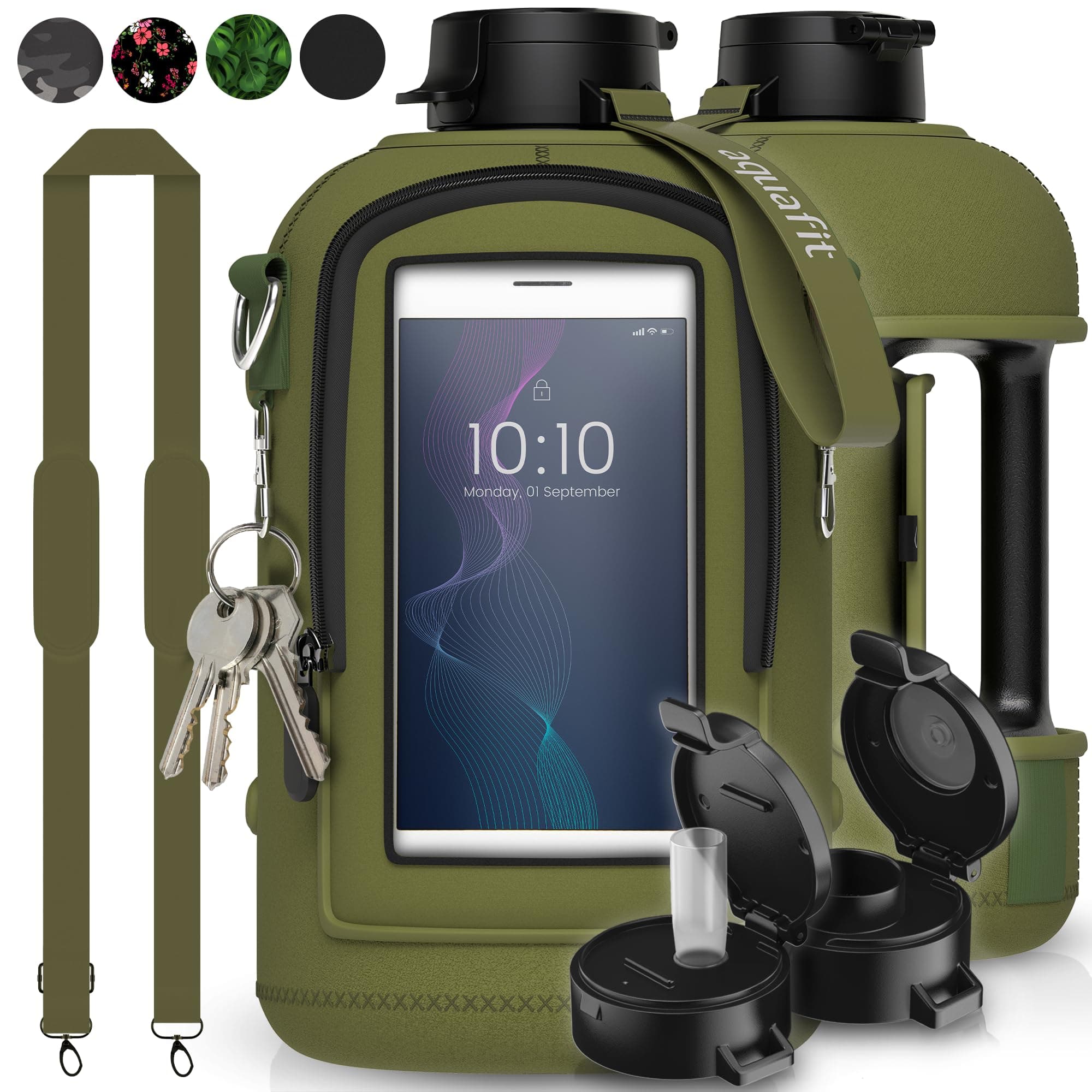 64 oz Water Bottle with Time Marker and Carrying Sleeve - BPA Free Gym Bottle for Exercise (Olive)
